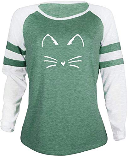 Futurino Women's Color Block Cat Print Sweatshirt Long Sleeve T Shirt Casual Top Blouse Green #TOP1