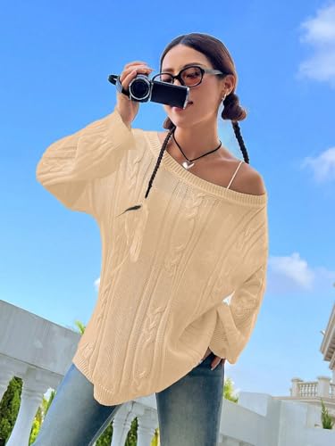 Image of SKAYS Oversized Fall Sweaters for Women, Oversized Cable Knit Sweater Off Shoulder, Solid Color Crew Neck Sweater