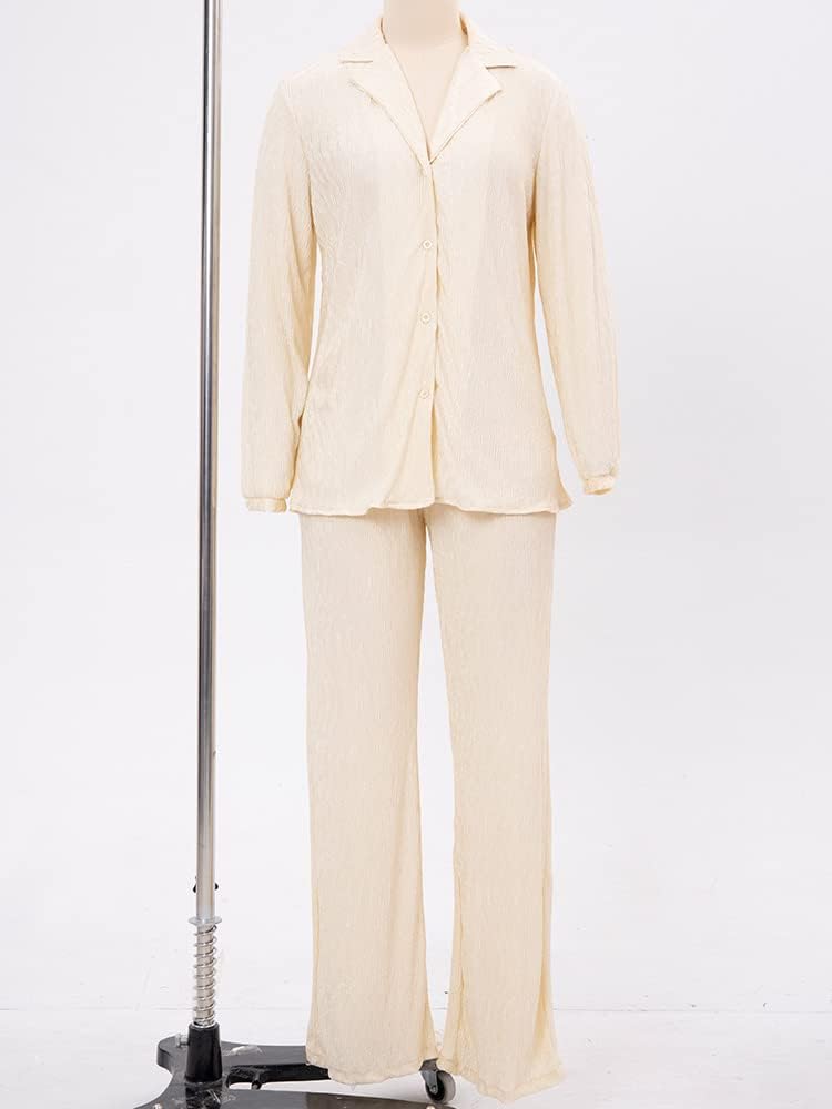 KEYUFANG 2 Piece Outfits for Women 90s Casual Boho Trendy Muse Shirt Wide Leg Pants Solid Daily Pleated Suit - Image 5