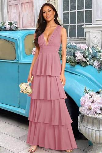Tiered Chiffon Bridesmaid Dresses for Women 2025 Pleated Formal Evening Gowns with Ruffles2