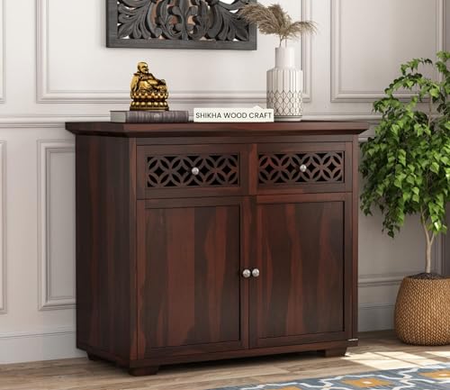 Image of SHIKHA WOOD CRAFT Solid Sheesham Wood Sideboard Cabinet with 2 Drawers and 2 Doors Storage | Wooden Multipurpose Cabinet Storage Furniture for Living Room, Bedroom, Home, and Kitchen (Walnut Finish)