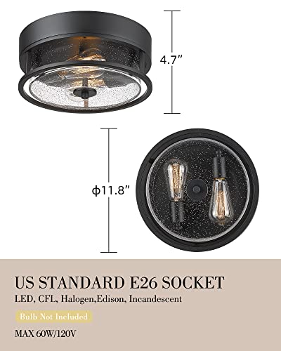 Black Flush Mount Ceiling Light, Hwh Industrial Close To Ceiling Light Fixture With Seeded Glass Shade, 12'' Light Fixture Ceiling For Hallway, Farmhouse, Foyer, Laundry, Matte Black, 5Hwy65F Bk #TOP3