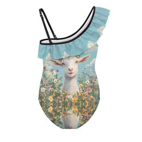 Image of Xpyiqun Swimsuits for Girls 3-14 1-Shoulder Ruffle Bathing Suit One Piece Adjustable Halter Swimming Wear