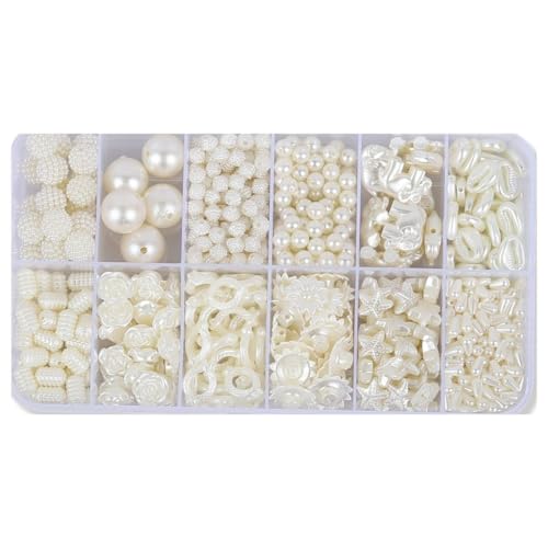 Image of Ambitieux Bracelet Craft Kit 12 Types of Pearl 900+ pcs of Plastic Beads Set with Elastic,Jute Bag and Thread Cutter - Perfect for Crafting (Pearl)