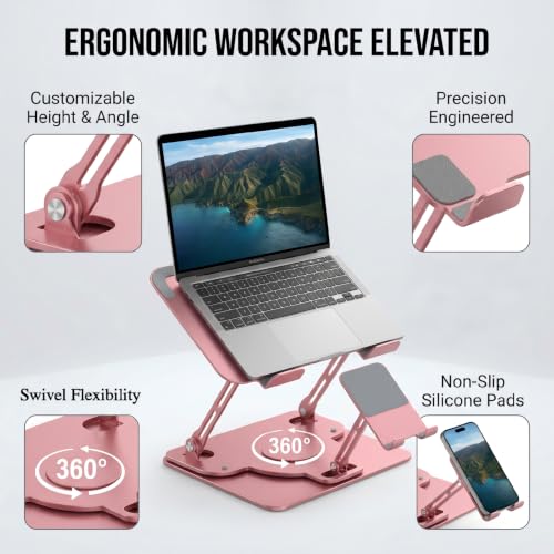 Image of Laptop Stand for Desk,Adjustable Computer Stand with 360 Rotating Base,2-in-1 Laptop Stands with Phone Holder,Ergonomic Laptop Riser for Collaborative Work,fits for All 10-16 inch Laptops (Pink)