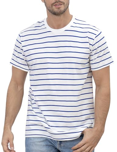 COSAVOROCK Blau und Weiß Gestreiftes Hemd Kurzärmeliges Breton-Top für Herren L
