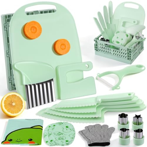 DIKAKO 17 PCS Montessori Kitchen Toys for Toddlers Safe Kids Knife Set for Real Cooking Toddler Kitchen Utensils with Apron Sleeves & Storage Basket Educational Gift for Boys Girls Ages 3+