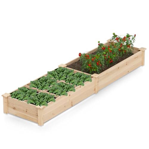 RELAX4LIFE Letto da Giardino Elevato, Letto da Giardino in Legno di 228 cm con 1 Scomparto Grande e 6 Scomparti Piccoli per Piante, Pittura Fai-da-Te Disponibile, per Giardino, Patio (Naturale)