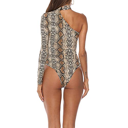 Fashion Women Sexy Hanging Neck Long Sleeve Leopard Bodysuit Jumpsuit Top Romper Brown