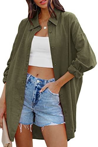 Image of FSHAOES Womens Oversized Button Down Shirts Casual Loose Long Sleeve Solid Lapel Long Blouses Tops with Pockets