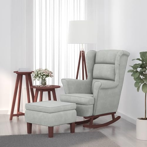 Homgoday Sillón Mecedora Patas Madera y Taburete Terciopelo Gris Claro Sillon Relax sillones para el salón Sillon Lactancia butaca reclinable Silla Lectura