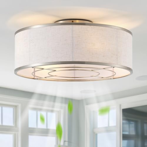 Image of 20 inch Silver Caged Ceiling Fans with Lights, Boho Flush Mount Ceiling Fan with Light and Remote, Bladeless with 6 Speeds for Bedroom, Nursery, Living Room