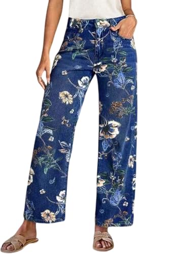 yoeasy Women's Straight Leg Jeans High Rise Vintage Floral Printed Wide Leg Trendy Stretchy Baggy Casual Denim Pants