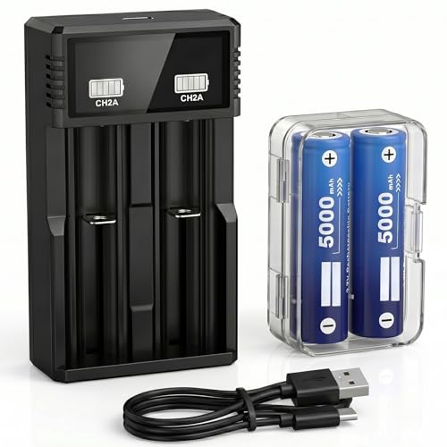 2-Slot 21700 Battery Charger Set 2pcs 5000mAh Button Top Universal 3.7V Li-ion Batteries Charger for Doorbells Flashlights Headlamps Cameras Toys(No Suitable for nimh & Other 1.5V Batteries)