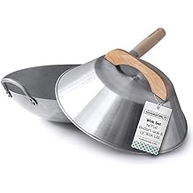 Flat Bottom Wok with Lid, Hand Hammered Carbon Steel Wok Set, 14"