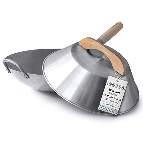 Wok de fondo plano con tapa, acero carbono 14" miniatura 1