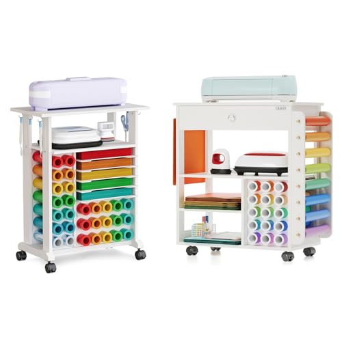 Craft Organizers and Storage Compatible with Cricut Machines, Rolling Storage Cart with Vinyl Roll Holders Crafting Table for Adults