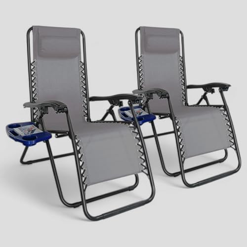 Pincho Tumbona Jardin Exterior Plegable de Gravedad Cero - Pack 2 Sillas Reclinables o Hamacas para Playa, Terraza y Camping con Portavasos, Ligeras y Cómodas (Gris)
