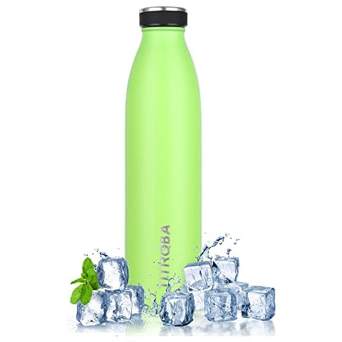 TITIROBA Edelstahl Trinkflasche 750ml Thermosflasche Auslaufsichere Wasserflasche Doppelwandige Isolierflasche Bpafrei 24 Std Kalt und 12 Std Heiß Grün fluoreszierend Cover