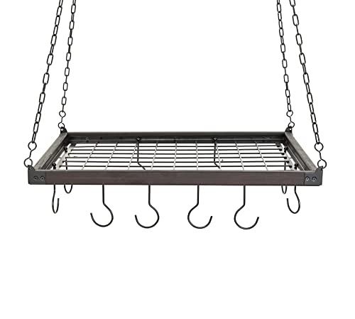 Soduku Pot Pan Rack With Shelf Grid, Ceiling Mounted Hanging Multi-Purpose Wood & Metal Cookware Hanger Organizer Kitchen Storage With 10 Hooks Espresso #TOP6