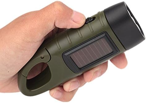 Hand Crank Solar Powered Rechargeable LED Camping Emergency Flashlight Torch Portable LED Flashlight Carabiner Energy Rechargeable Flashlight Torch for Camping Climbing Hiking Camping Green