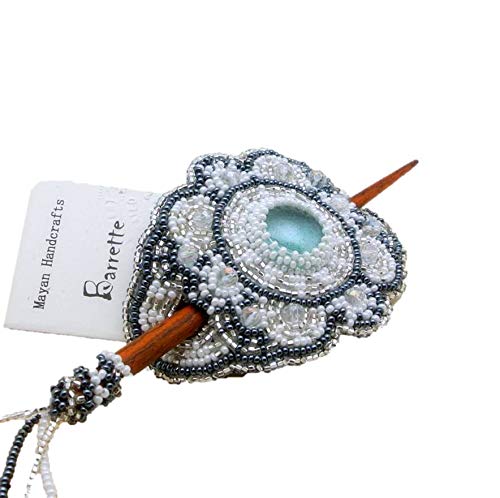 BEAUTIFUL Beaded Hair Barrette with Wood Stick (Silver/White/Gray)