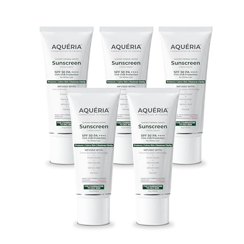 Aqueria Oil Control Brightening Gel Multi-Active French Sunscreen SPF 50 PA++++ | In-Vitro Tested | 2% Niacinamide & Hyaluronic Acid | Modern UV Filters | Broad Spectrum UVA/UVB & Blue Light Protection | Lightweight, Non-Greasy, No White Cast | Suitable for Daily Use | For Oily, Acne-Prone & Combination Skin | (Pack of 5) 75g