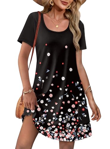 OFEEFAN Summer Dresses for Women 2026 Loose U Neck Short Sleeve Casual Beach Vacation Tshirt Dress Sundresses with Pockets