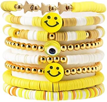 Palotay 8PCS Preppy Heishi Bracelets Colorful Smiley Face Evil Eye Beaded Stackable Bracelets Set Surfer Clay Bead Pearl Stretch Bracelets Y2K Summer Beach Jewelry for Women Girls Yellow