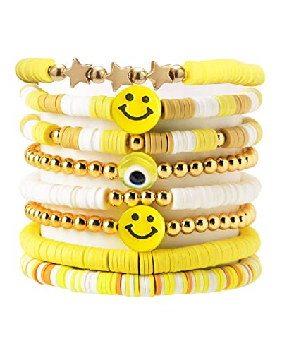 Palotay 8Pcs Preppy Heishi Bracelets Colorful Smiley Face Evil Eye Beaded Stackable Bracelets Set Surfer Clay Bead Pearl Stretch Bracelets Y2K Summer Beach Jewelry For Women Girls Yellow #TOP2
