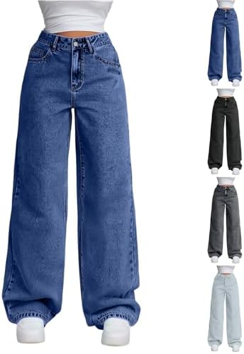 Wide Leg Jeans Woman Button High Waisted Straight Leg Baggy Jeans Casual Vintage 90S Y2K Denim Pants with Pockets