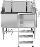 Hasopy 50 Inch Professional Dog Wash Station, Stainless Steel Dog Grooming Tub for Large, Medium & Small Pets - with Anti-Slip Stairs, Drain & Door, Silver