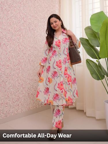 Image of Leriya Fashion Women's Cotton Printed A-Line Kurti Pant Set | Abstract Leaf & Floral Kurta with Trouser Pant | Casual Ethnic Co-ord Set for Women Stylish | Elegant Anarkali Style Tunic Kurta Set