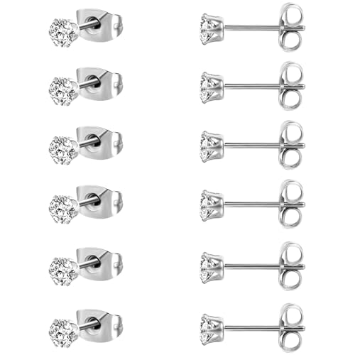 MDFUN 6 Pairs Stud Earrings Sets 3-8MM 18K Gold Plated Round 5A+ Cubic Zirconia Earrings Hypoallergenic CZ 6 Prong Ears Jewelry for Women