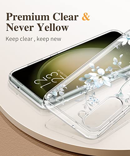Gviewin Case Compatible With Samsung Galaxy S23 Case, With Screen Protector + Camera Lens Protector Floral Shockproof Clear Hard Pc+Soft Bumper Women Phone Cover 2023 6.1" (Serissa/White) #TOP2
