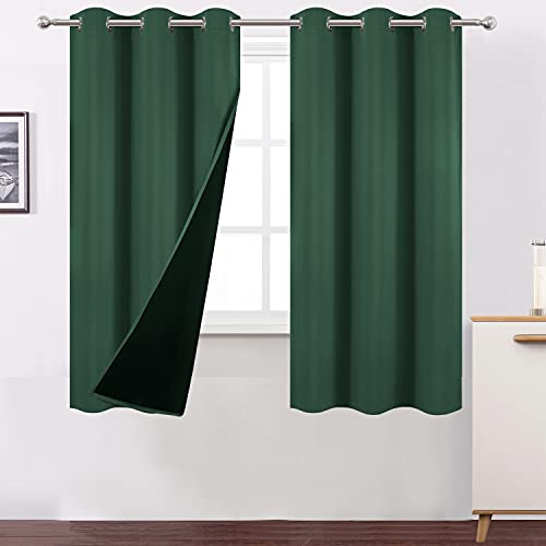 LEMOMO 100% Blackout Curtains 40 x 63 Inch/Green Curtains 2 Panels with Black Liner/Double Layer Full Room Darkening Bedroom Curtains