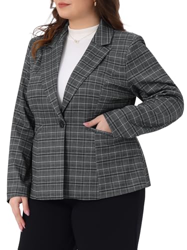 Agnes Orinda Plus Size Blazers for Women Business Casual Plaid Notched Lapel Long Sleeve Button Jacket with Pockets2