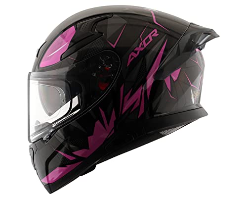 Image of Axor Apex Hunter ISI ECE DOT Certified Full Face Dual Visor Helmet for Men and Women with Pinlock Fitted Outer Clear Visor and Inner Smoke Sun Visor Black & Pink(L)