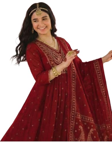 Image of GoSriKi Rust Anarkali Kurta Set for Women with Dupatta | Cotton Kurti Set for Woman | Embroidered Anarkali Suit for Women Kurti Pant Set with Dupatta | Suit Set for Women Latest