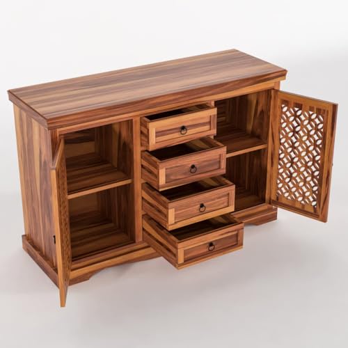 Image of Solid Sheesham Wood Sideboard and Cabinets | Wooden Side Board Media Console Tv Cabinet for Living Room | Standing Cabinet with 4 Drawers & 2 Door Cabinet Storage | Natural Finish