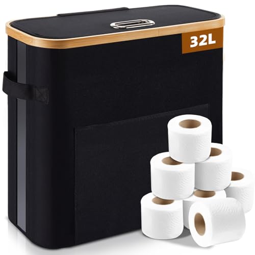 OUSFOT Rangement Papier Toilette, 32L Boite Range Papier Toilette Panier Papier Bambou Peut Contenir 12 Rouleaux de Convient aux Toilettes et aux Douches