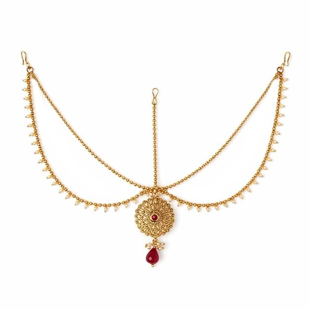 Art Jewellery trendy golden finish three-layer floral design and pink pearl stud Matha Patti/mang tikka/bridal hair jewellery for women and girls.-image-45
