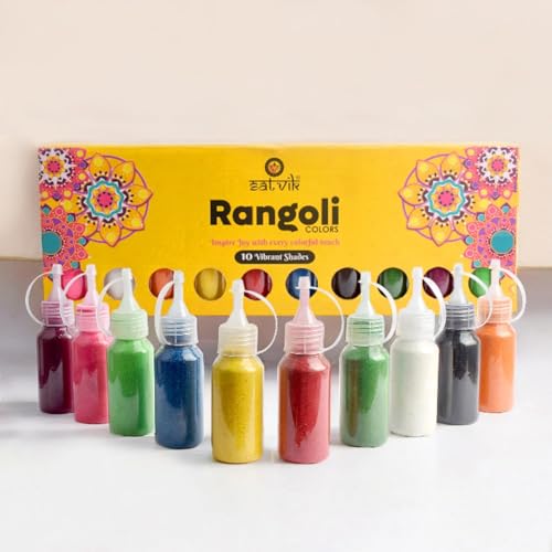 SATVIK Craftsman - Set of 10 Rangoli Color Bottles with Nozzle | Stone Powder Base | Easy to Store | Decorative Art Sand for Home Party & Seasonal Décor | Multicolor Kit (No Gulal Not for Skin)