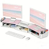 OPNICE Desk Organizers and Accessories, Dual Monitor Stand Riser with Drawer and 2 Pen Holders, Desk Shelf Wood Computer Racks for Office Workspace Organizers, Desktop Organization (Pink-White Wood)