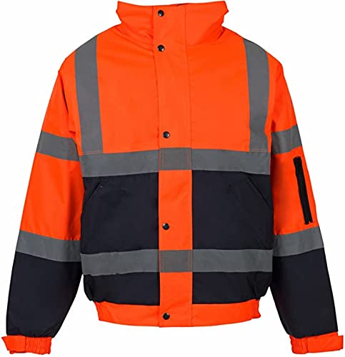 H&F Girl ®Men’s Hi Viz Contractor Bomber Jacket Two Tone Patched Waterproof Storm Jacket Safety Workwear Security Wear Visibility Reflective Tape Warm Work Wear 300D Oxford PU Fabric Jacket Size S-3XL (Small, Orange Navy)