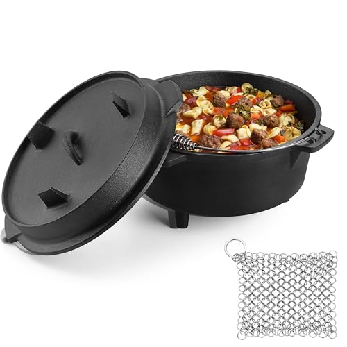 Image of 5QT Cast Iron Dutch Oven with Stainless Steel Scrubber, HaSteeL 2-In-1 Pre-seasoned Camping Pot, Heavy Duty Campfire Pot with Feet for Outdoor Stovetop Griddle Cooking Baking Roasting Stewing