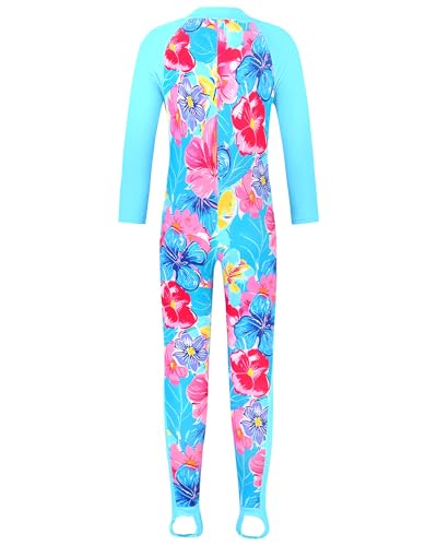 TFJH E Long Sleeve Swimwear One Piece Girls Bathing Suits UV 50+ Kids Rashguard Swimsuits Pink Blue Flower 140/146