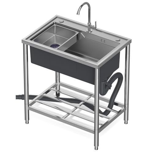 自立型ステンレス製キッチンシンク、温水・冷水蛇口付き屋外洗面台、ガレージ・ワークショップ・ランドリールーム・キャンプ用業務用シングルボウルキッチンシンク