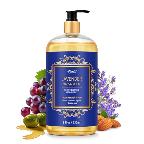 Pjordo Aromatherapy Lavender Massage Oil for Calming Soothing & Relaxing Natural Body Massage Oil for Massage Therapy with Jojoba & Sweet Almond No Stain & Non-Sticky Spa Gift for Her Him