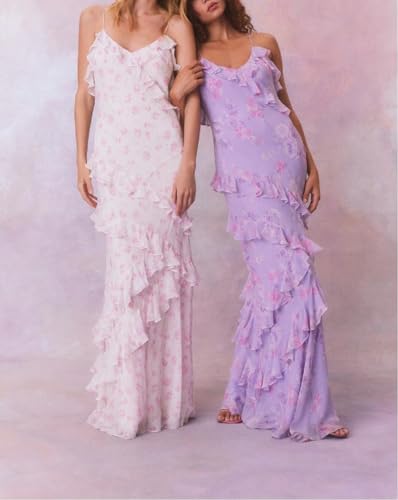 Image of SOOKABEILA Women Y2k Boho Maxi Dress Floral Lace Sheer Tiered Flowy Cami Long Dress 2025 Summer Smocked Beach Sundress
